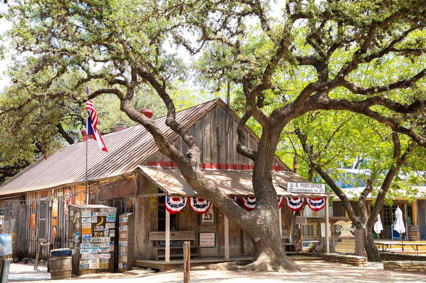 A rustic wooden storefront with flags beneath a spreading oak in Texas
