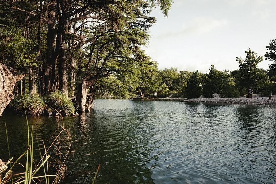 A tree-lined Texas riverbank with calm green water